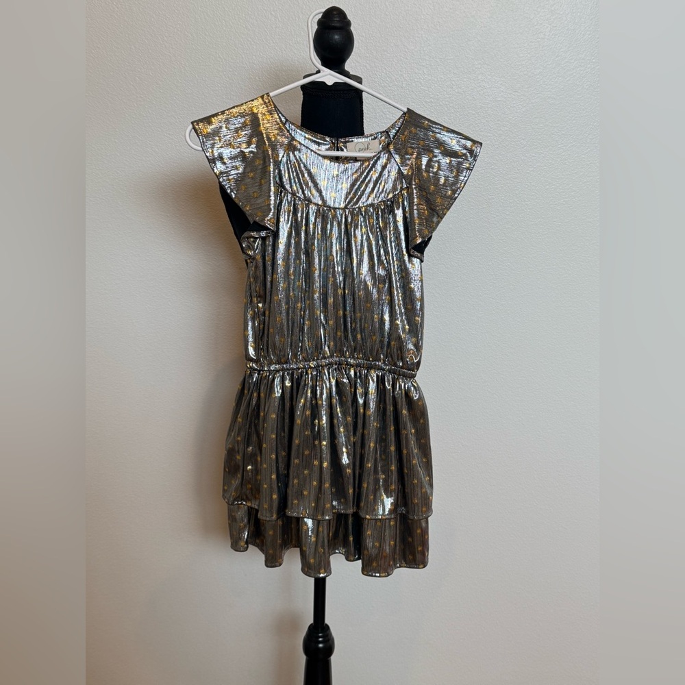 Peek Girls Gold Metallic Dress with Polka Dots